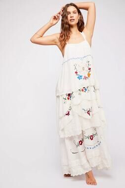 Fillyboo Doll House White Floral Embroidered Tiered Layered Boho Maxi Dress S